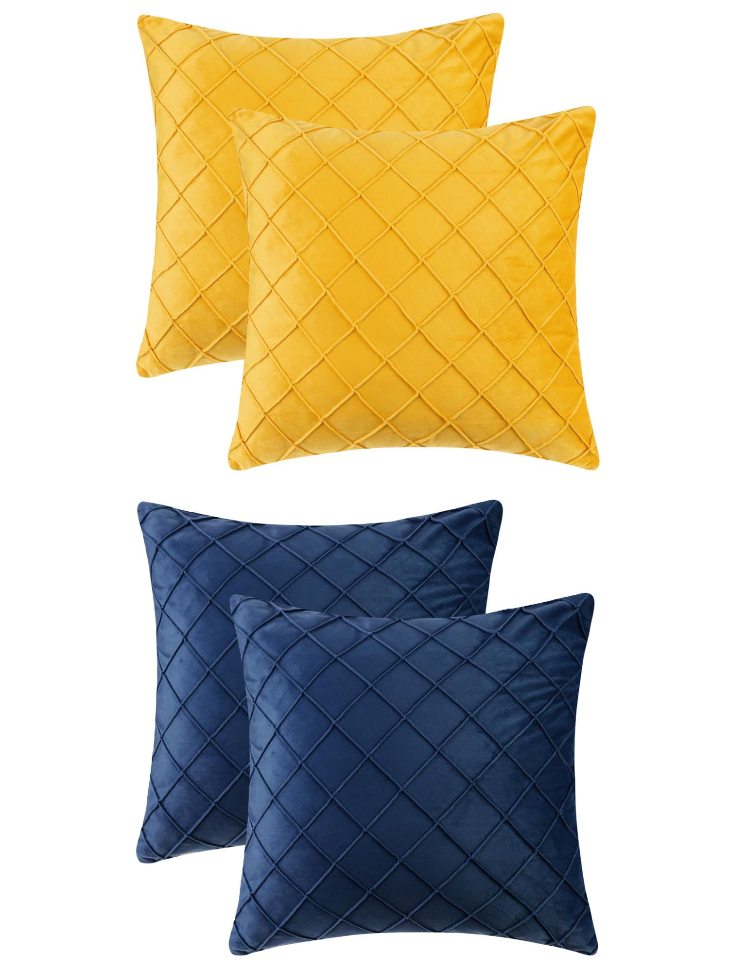 Unique Bargains 4Pcs Velvet Geometric Textured Pillow Covers Home Decor Cushion Covers Navy Blue/Yellow 18" x 18"