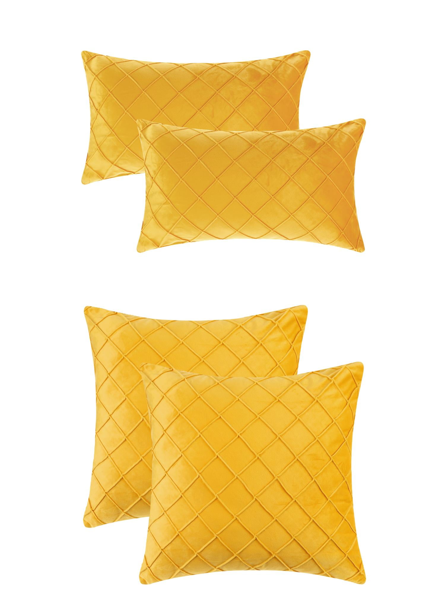 Yellow Velvet Geometric Textured Square Pillow Covers Set