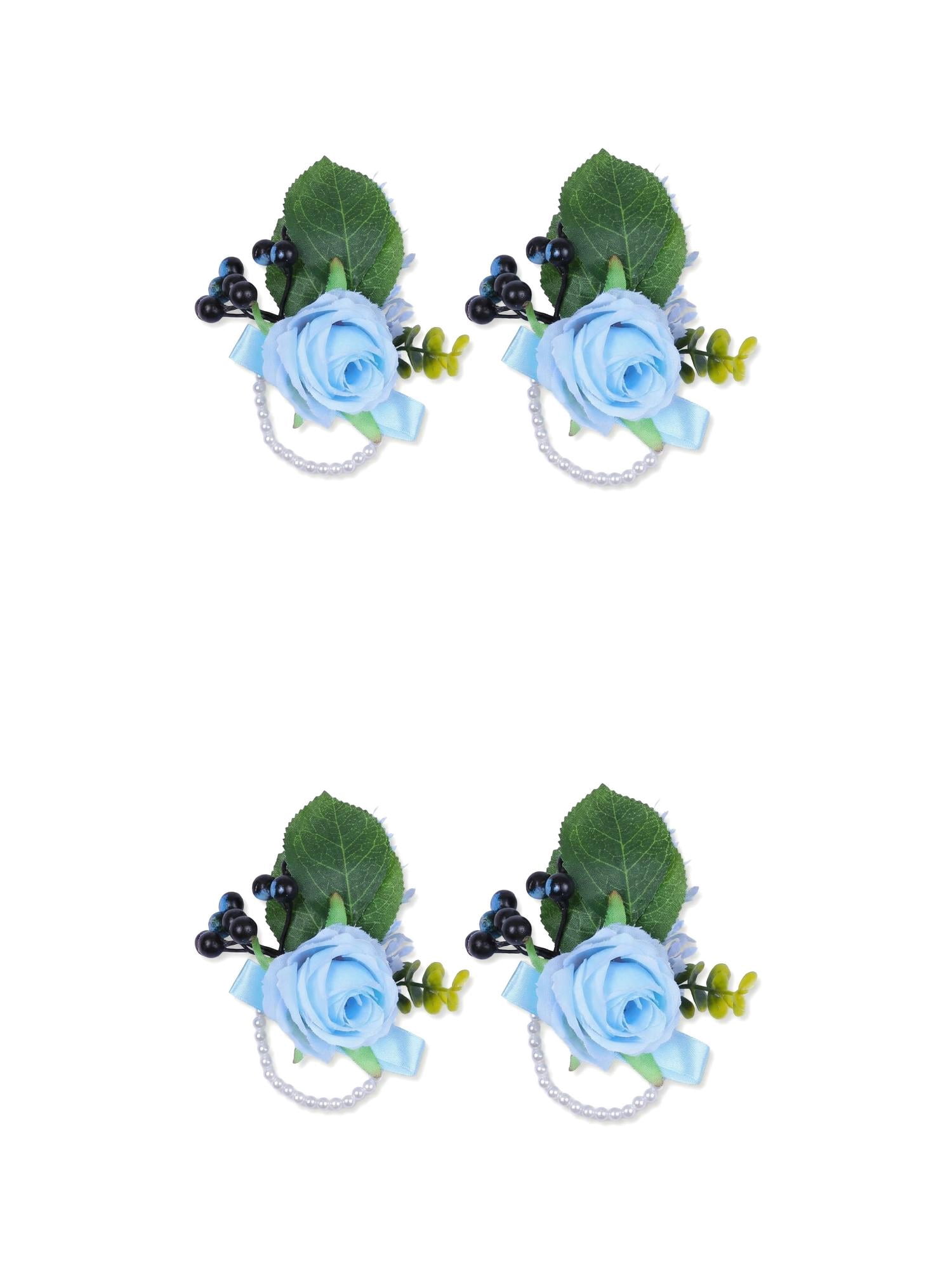 Unique Bargains 4Pcs Wrist Corsages Silk Rose Flower Bracelets Blue 3.9 in