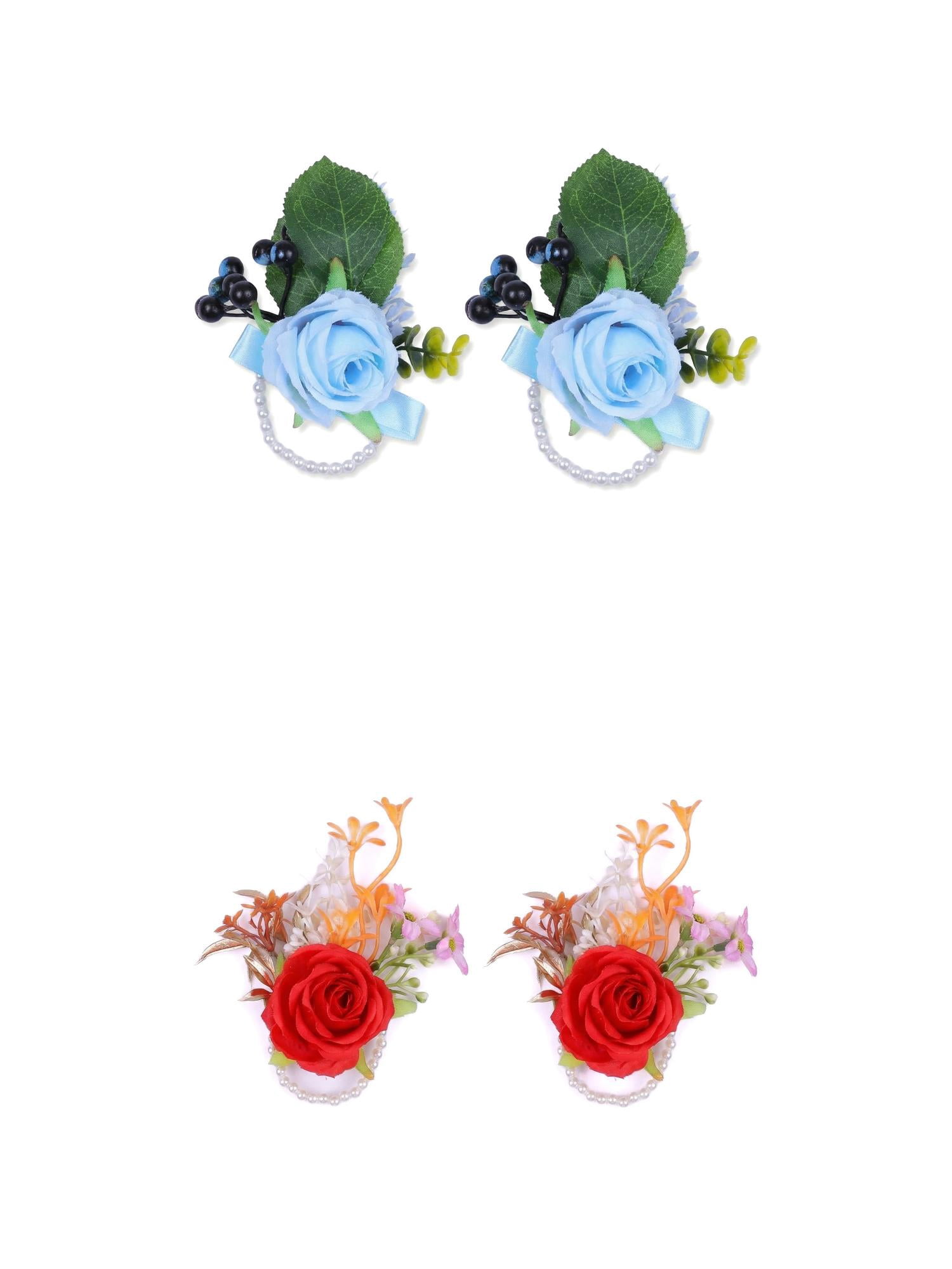 Unique Bargains 4Pcs Wrist Corsages Silk Rose Flower Bracelets Blue Orange 3.9 in