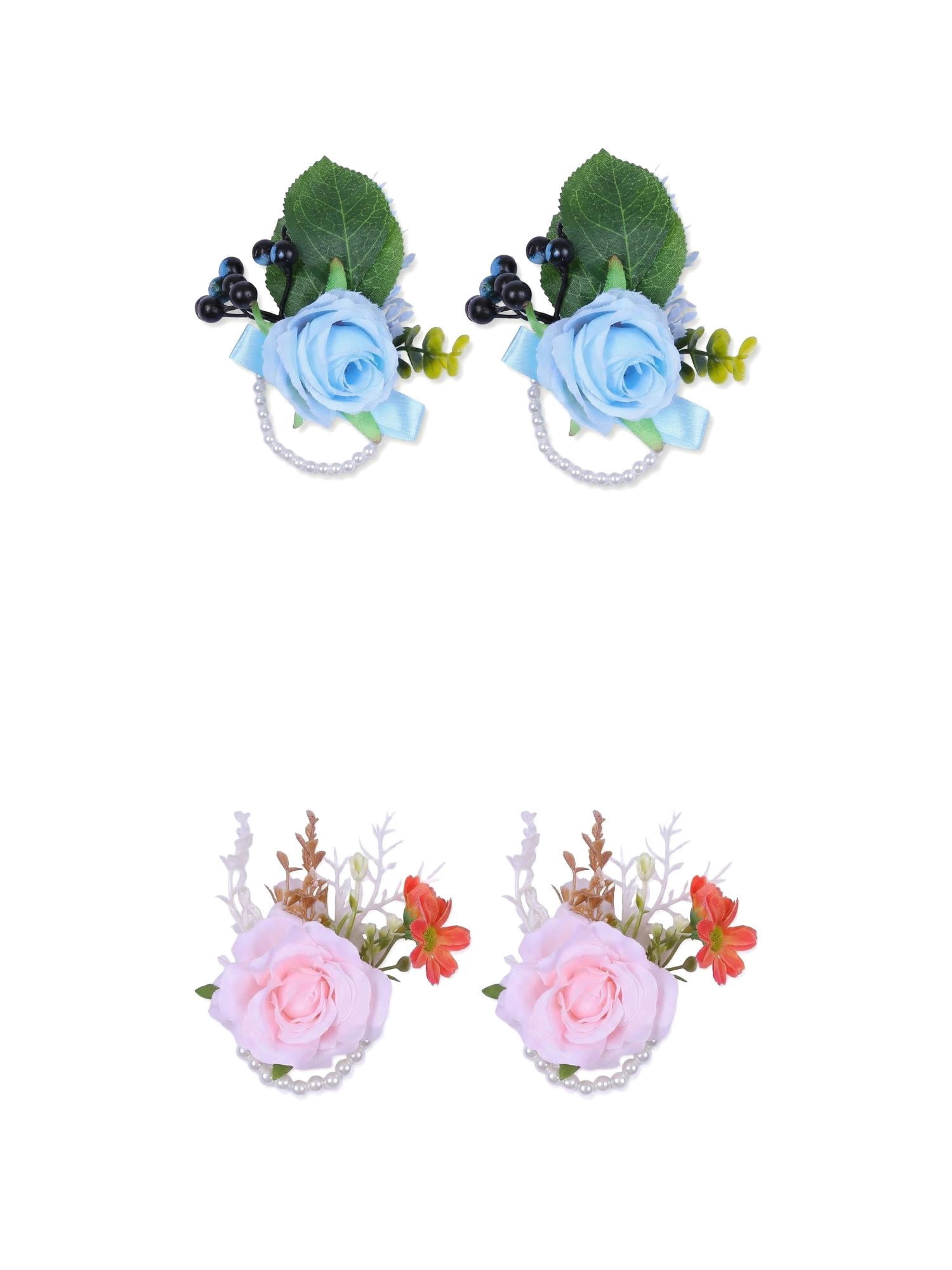 Unique Bargains 4Pcs Wrist Corsages Silk Rose Flower Bracelets Blue Pink 3.9 in