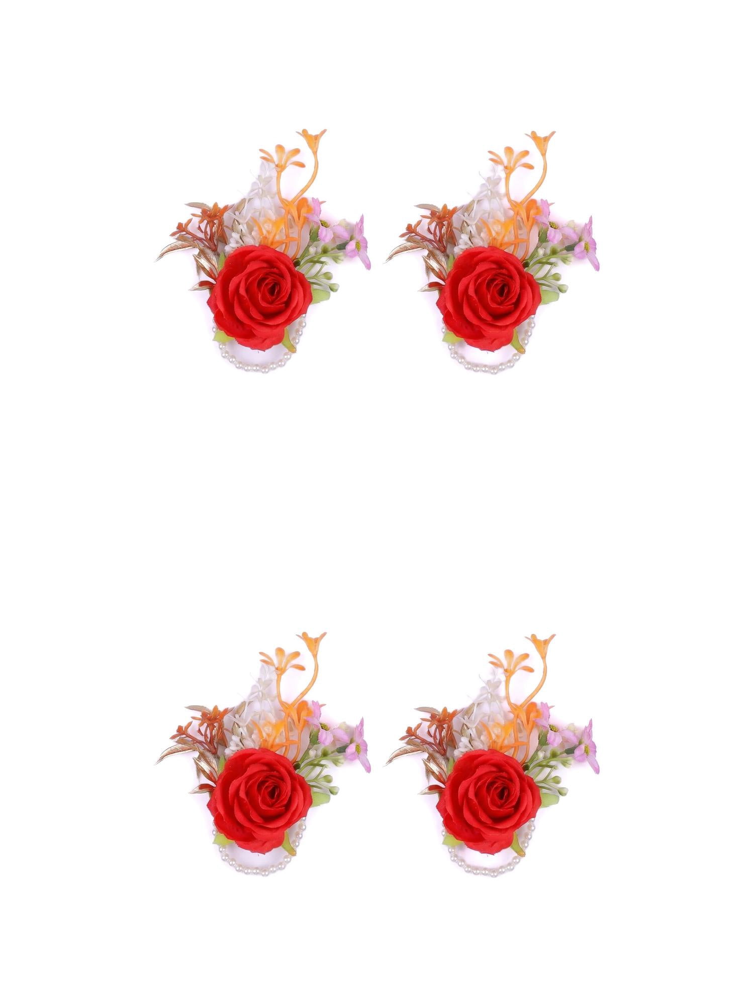 Unique Bargains 4Pcs Wrist Corsages Silk Rose Flower Bracelets Orange 3.9 in