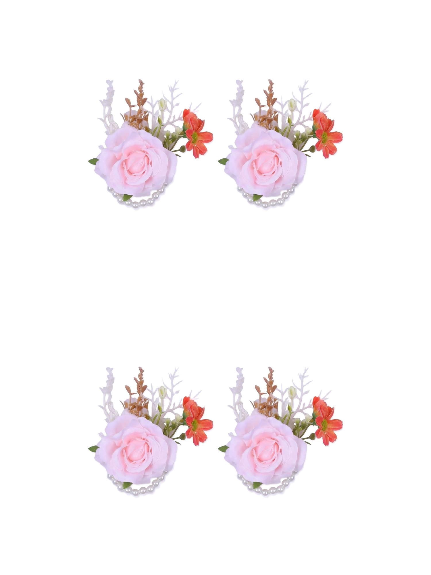Unique Bargains 4Pcs Wrist Corsages Silk Rose Flower Bracelets Pink 3.9 in