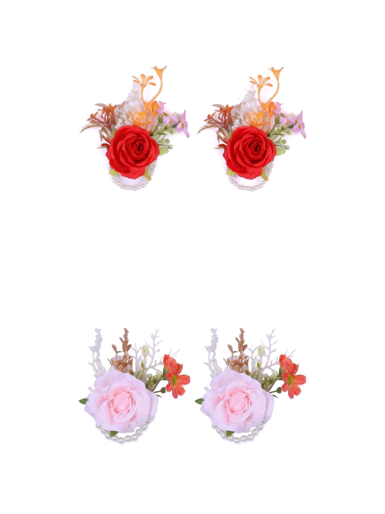Unique Bargains 4Pcs Wrist Corsages Silk Rose Flower Bracelets Pink Orange 3.9 in