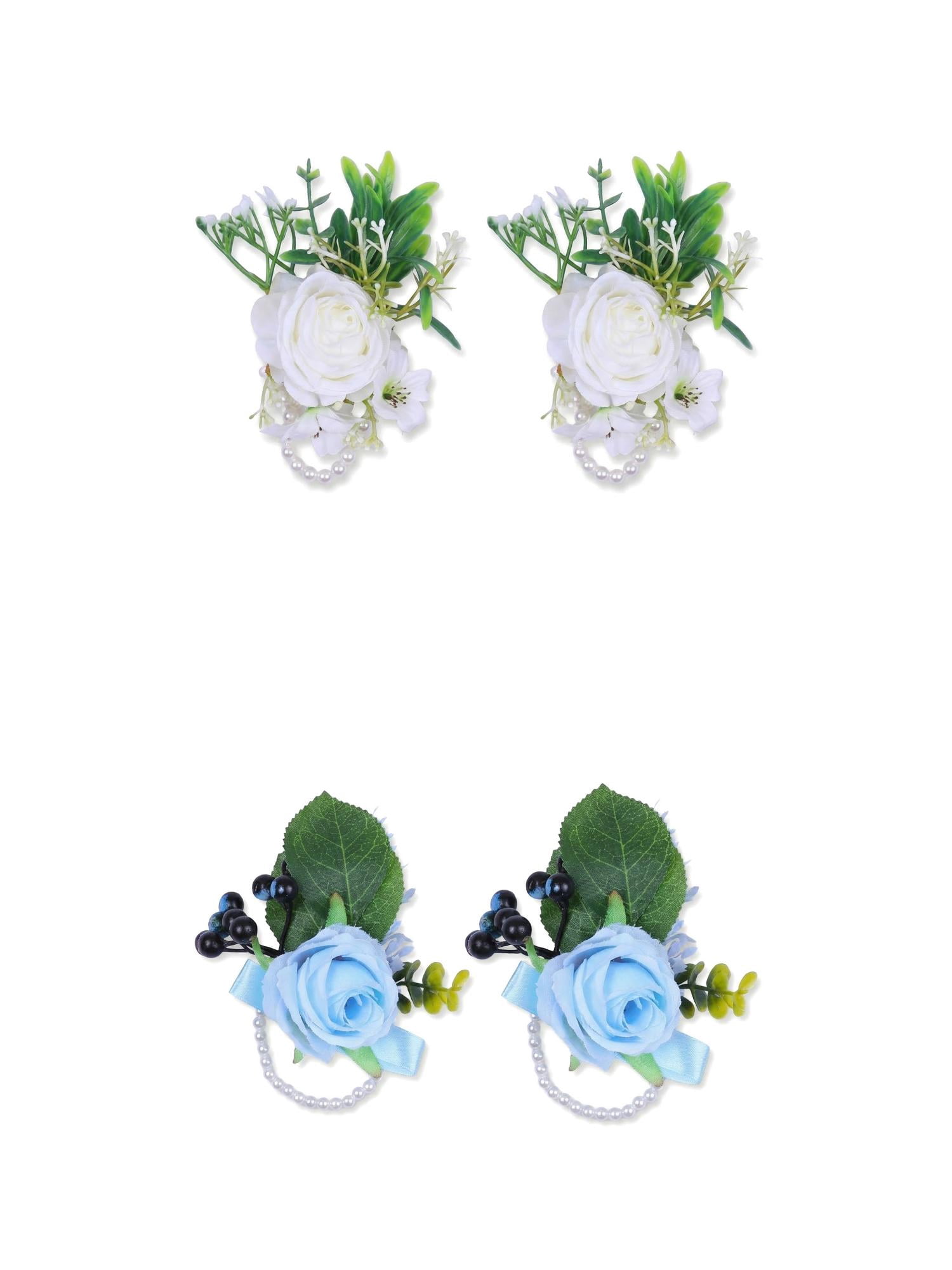 Unique Bargains 4Pcs Wrist Corsages Silk Rose Flower Bracelets White Blue 3.9 in