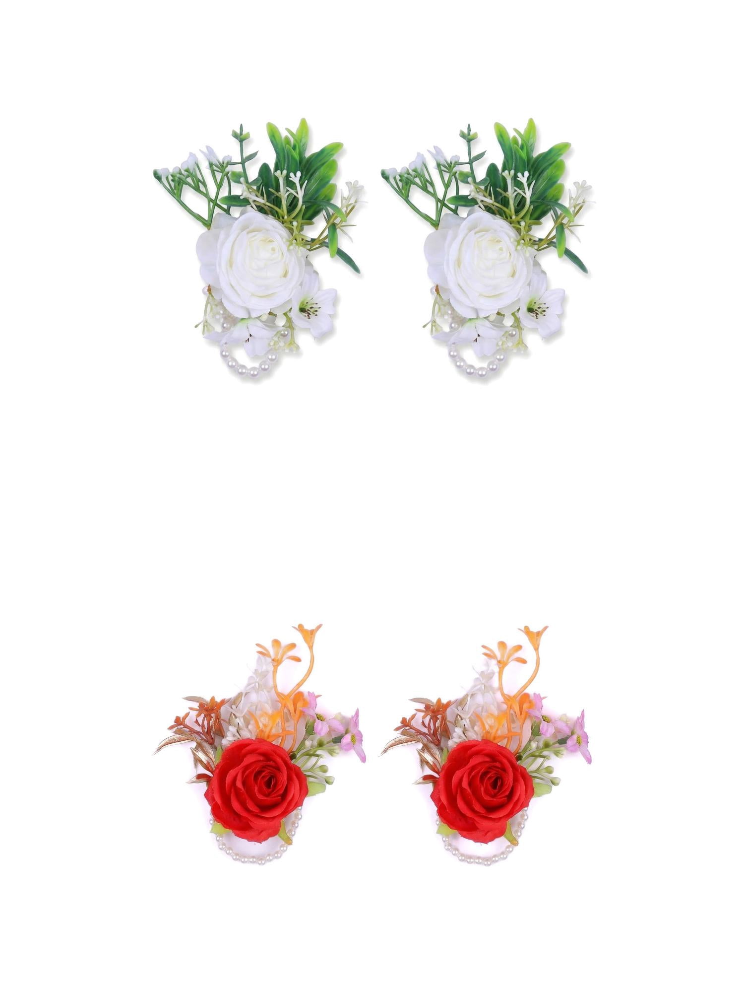 Unique Bargains 4Pcs Wrist Corsages Silk Rose Flower Bracelets White Orange 3.9 in