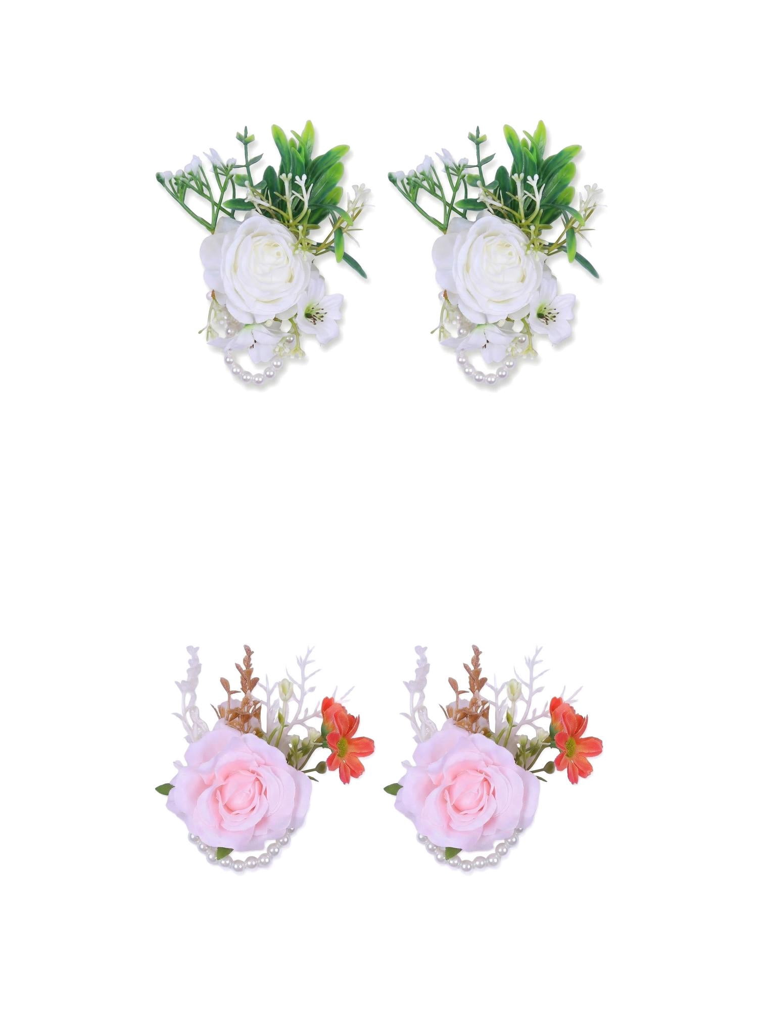 Unique Bargains 4Pcs Wrist Corsages Silk Rose Flower Bracelets White Pink 3.9 in