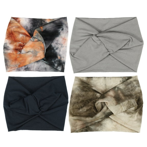 Unique Bargains 4pcs Bohemia Widening Knotted Headwrap for Women Navy Blue Light Gray Black Orange Brown