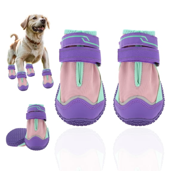 Unique Bargains 4pcs Dog Shoes Waterproof Anti-Slip Dog Shoes Dog Boots Paw Protectors Purple Size 6 Width 2.36"