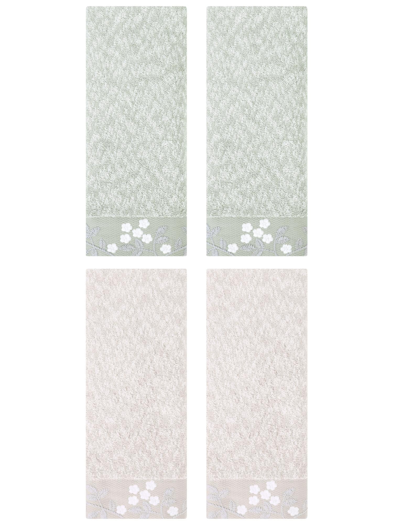Unique Bargains 4pcs Floral Embroidered Hand Towels Set for Bath Kitchen Light Brown/Green