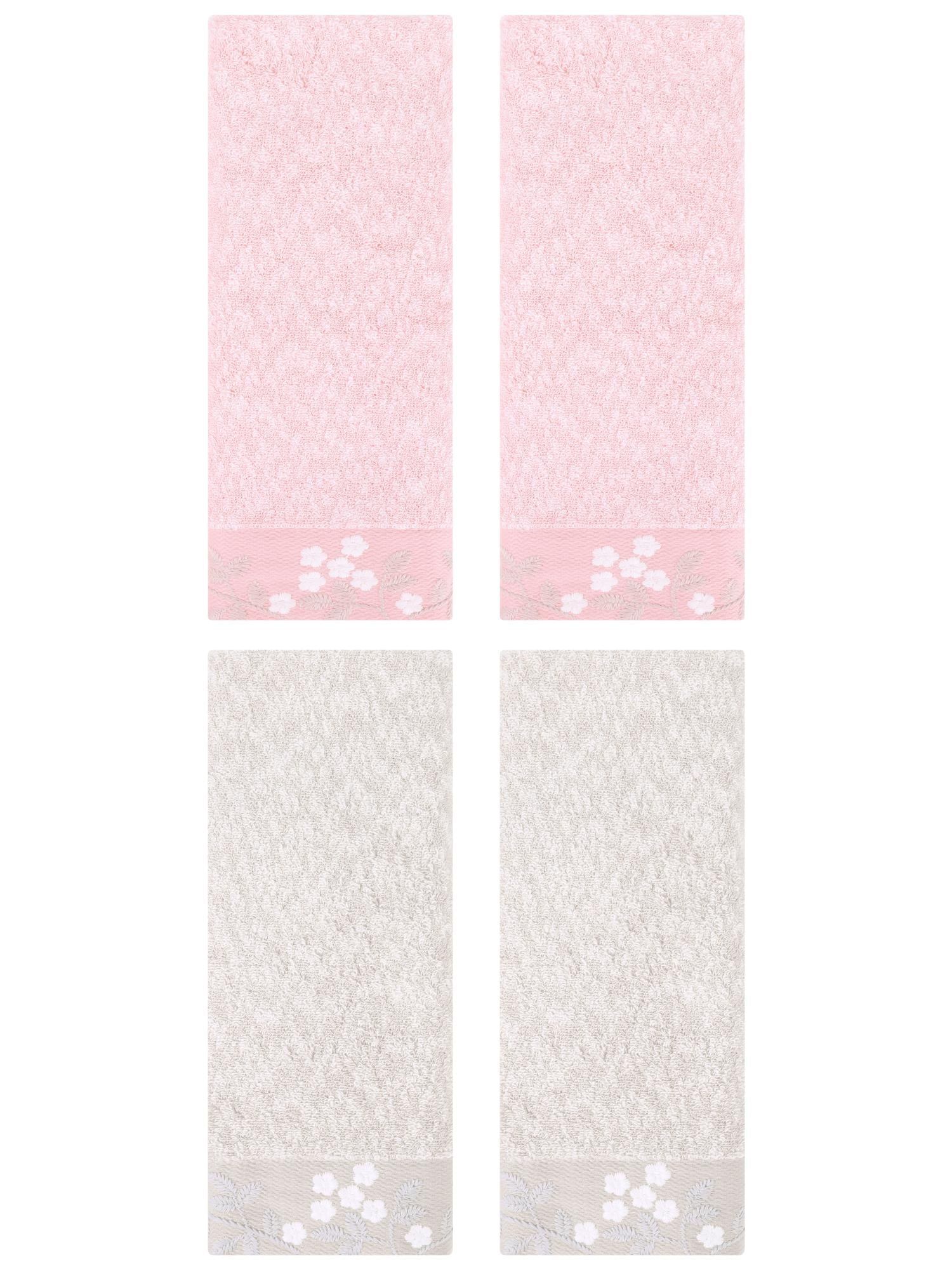 Unique Bargains 4pcs Floral Embroidered Hand Towels Set for Bath Kitchen Light Brown/Pink