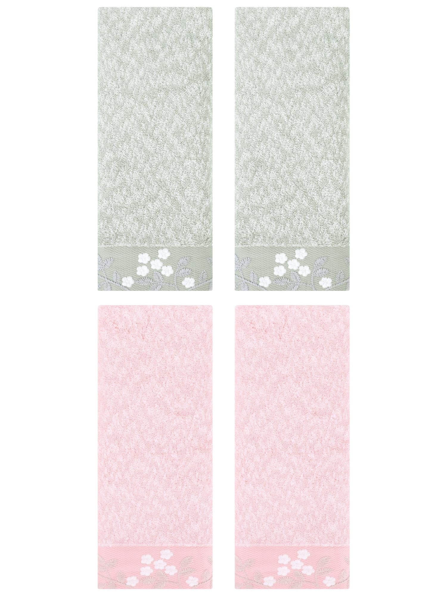Unique Bargains 4pcs Floral Embroidered Hand Towels Set for Bath Kitchen Pink/Green
