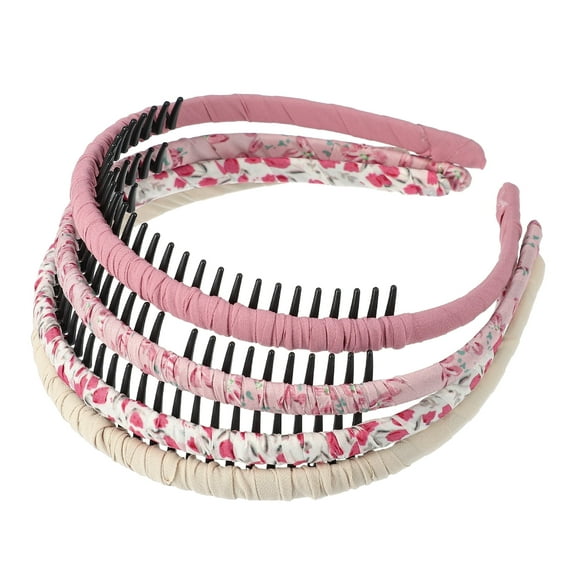 Unique Bargains 4pcs Teeth Comb Floral Pattern Headbands Tooth Comb Hair Hoop for Women Red Pink Beige