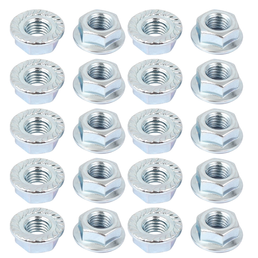 5-Pack M12 Carbon Steel Flange Lock Nuts – Serrated Hex Non-Slip Nuts For Car & Motorcycle (23.5mm OD, Silver Tone)