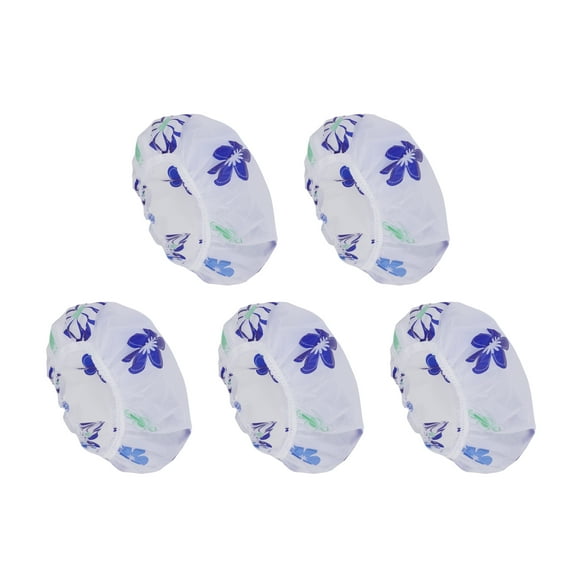 Unique Bargains 5 Pcs Floral Single Layer Shower Cap for Bathroom Blue PEVA