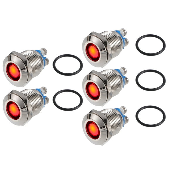 Unique Bargains 5 Pcs LED Indicator Light 12mm 12V Metal Shell Waterproof Pilot  Dash Signal Lamp Interior Red