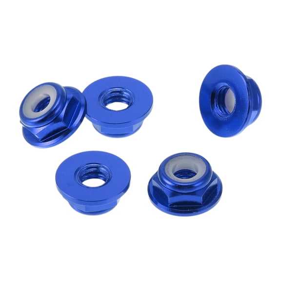 Unique Bargains 5 Pcs M4 Car Flange Nuts Aluminum Alloy Flat Hex Reverse Thread Lock Flange Nuts Non-Slip Lock Flange Blue 4mm/0.16"