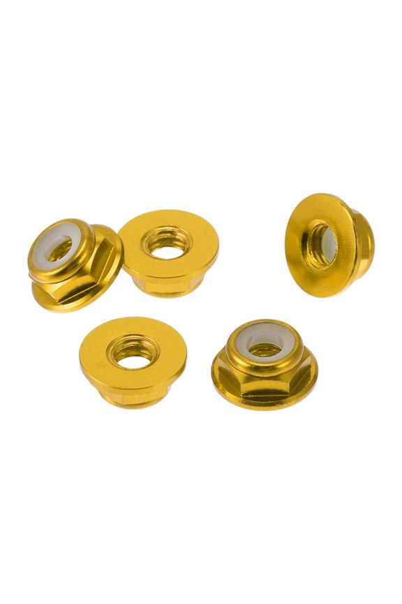 5 Pcs M4 Car Flange Nuts Aluminum Alloy Flat Hex Reverse Thread Lock Flange Nuts Non-Slip Lock Flange Gold Tone 4mm/0.16"