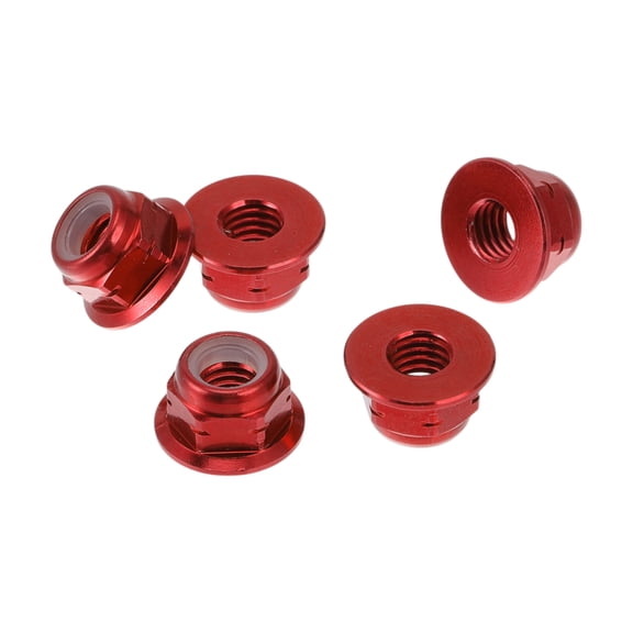 Unique Bargains 5 Pcs M5*0.8 Car Flange Nuts Aluminum Alloy Flat Hex Reverse Thread Lock Flange Nuts Non-Slip Lock Flange Deep Red 6mm/0.24"