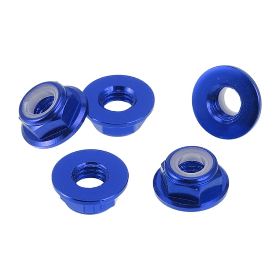 Unique Bargains 5 Pcs M5 Car Flange Nuts Aluminum Alloy Flat Hex Reverse Thread Lock Flange Nuts Non-Slip Lock Flange Blue 4.5mm/0.18"