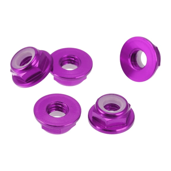 Unique Bargains 5 Pcs M5 Car Flange Nuts Aluminum Alloy Flat Hex Thread Lock Flange Nuts Non-Slip Lock Flange Purple 4.5mm/0.18"