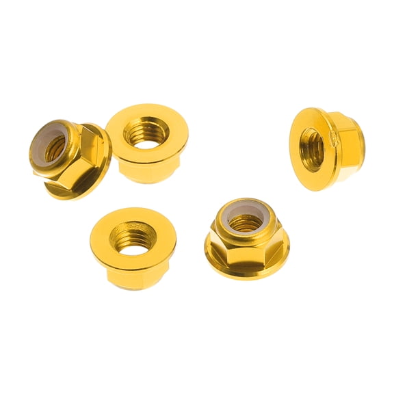 Unique Bargains 5 Pcs M5 Car Flange Nuts Aluminum Alloy,Plastic Rubber Ring Flat Hex Lock Flange Nuts Non-Slip Lock Flange Gold Tone Rubber Ring for Car Motorcycle