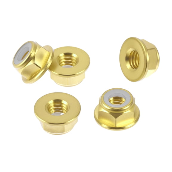 Unique Bargains 5 Pcs M6*1.0 Car Flange Nuts Copper,Plastic Rubber Ring Flat Hex Lock Flange Nuts Non-Slip Lock Flange Gold Tone Rubber Ring 11mm/0.43"