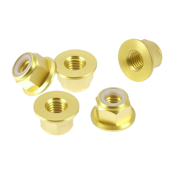 Unique Bargains 5 Pcs M8*1.25 Car Flange Nuts Copper,Plastic Rubber Ring Flat Hex Lock Flange Nuts Non-Slip Lock Flange Gold Tone Rubber Ring 6.6mm/0.26"