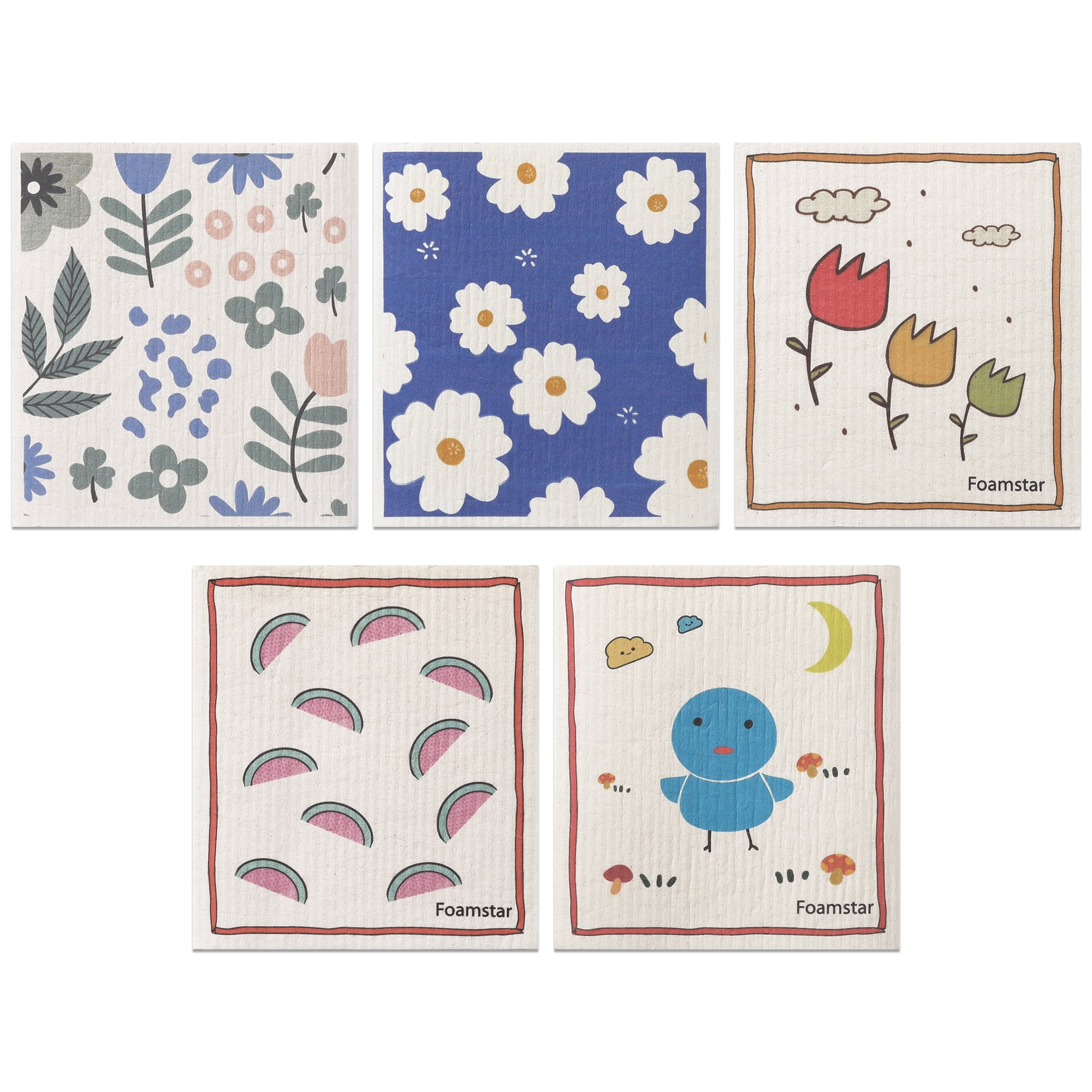 Unique Bargains 5 Pcs Reusable Swedish Wildflowers Kitchen Dish Towels Multicolor