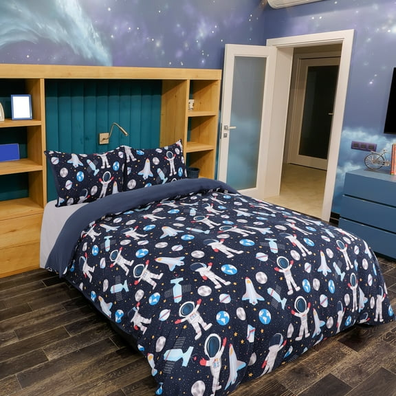 Unique Bargains 5 Piece Polyester Space Astronaut Pattern Kid Bedding Set Queen