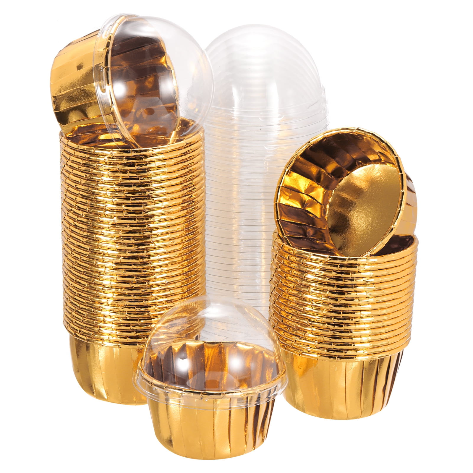 Unique Bargains 50Pcs Double-sided Aluminum Foil Cupcake Liners with Lids Gold 2.76"