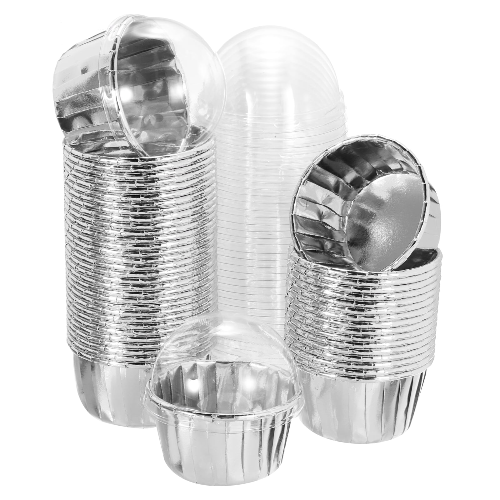 Unique Bargains 50Pcs Double-sided Aluminum Foil Cupcake Liners with Lids Silver 2.76"