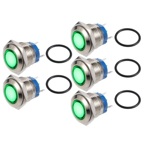 Unique Bargains 5Pcs LED Indicator Light 16mm 12V Metal Shell Waterproof Pilot Dash Signal Lamp Internal Green