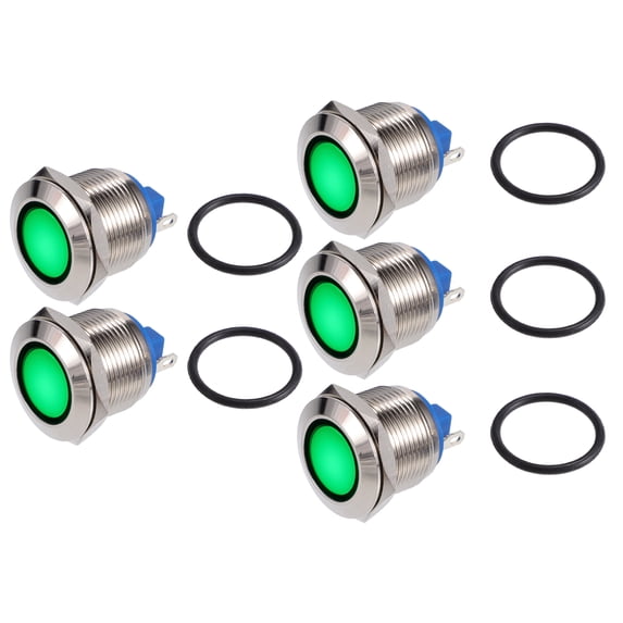 Unique Bargains 5Pcs LED Indicator Light 19mm 12V Metal Shell Waterproof Pilot Dash Signal Lamp Internal Green