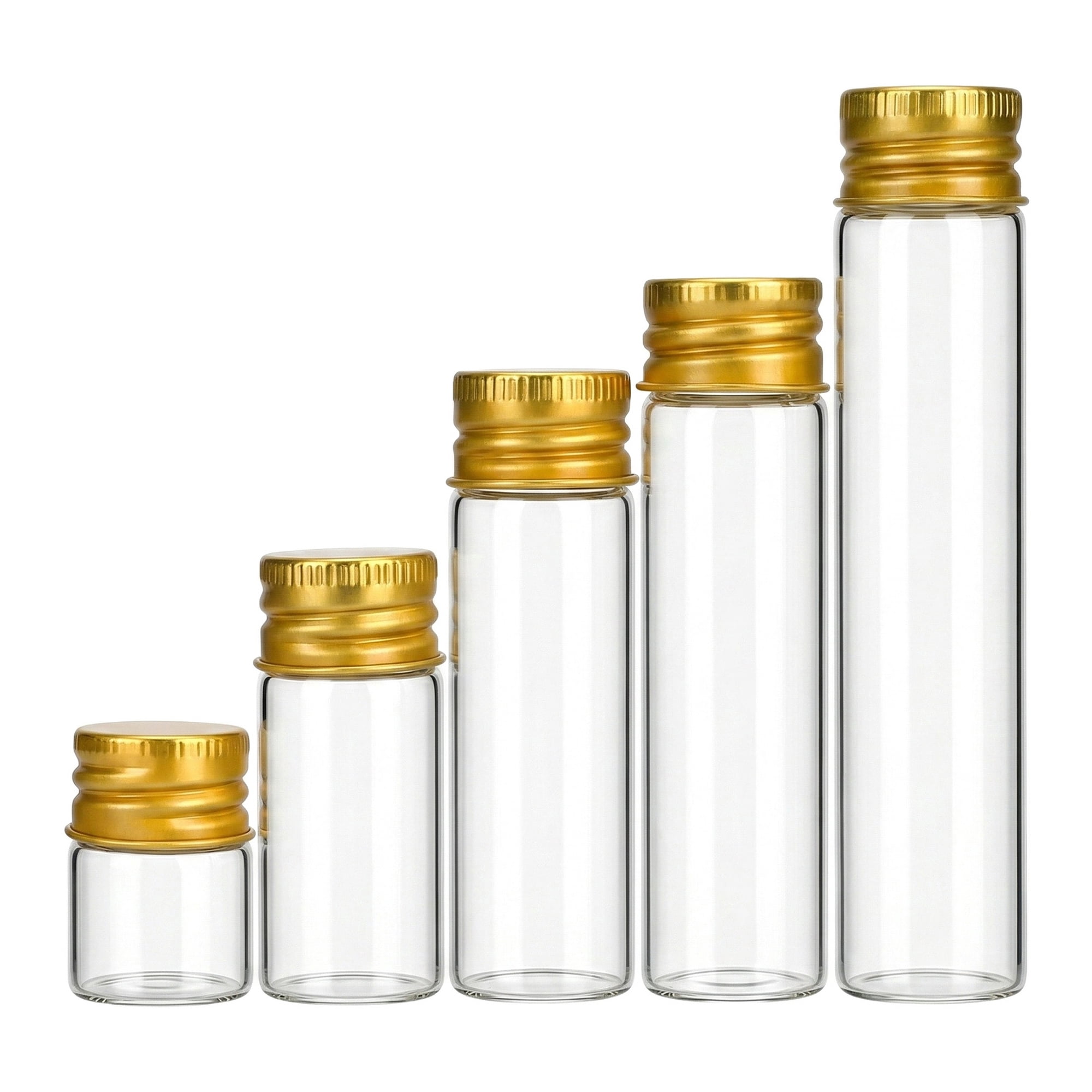 Unique Bargains 5Pcs Assorted Mini Glass Bottles with Cork Stoppers Gold Screw Cap 1"L x1"W x 4"H