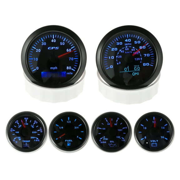 Unique Bargains 6 Gauge Set 3-3/8" 85mm GPS Speedometer Tachometer, 2-1/16" 52mm Oil Pressure Fuel Level Water Temperature Voltmeter Waterproof Marine Boat Car Truck Gauges Kit Black