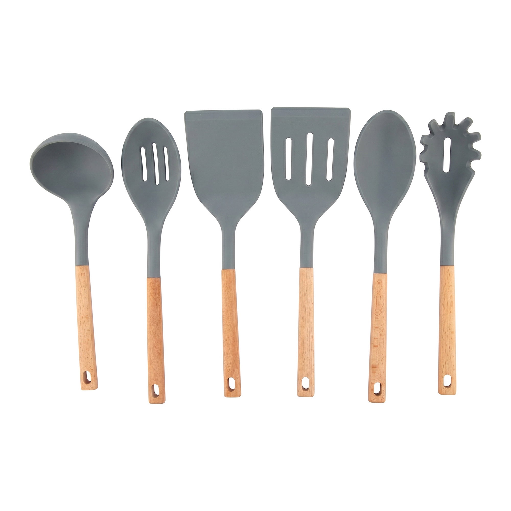 Unique Bargains 6 Pcs Durable Silicone Kitchen Utensil Set with Wooden Handle Gray