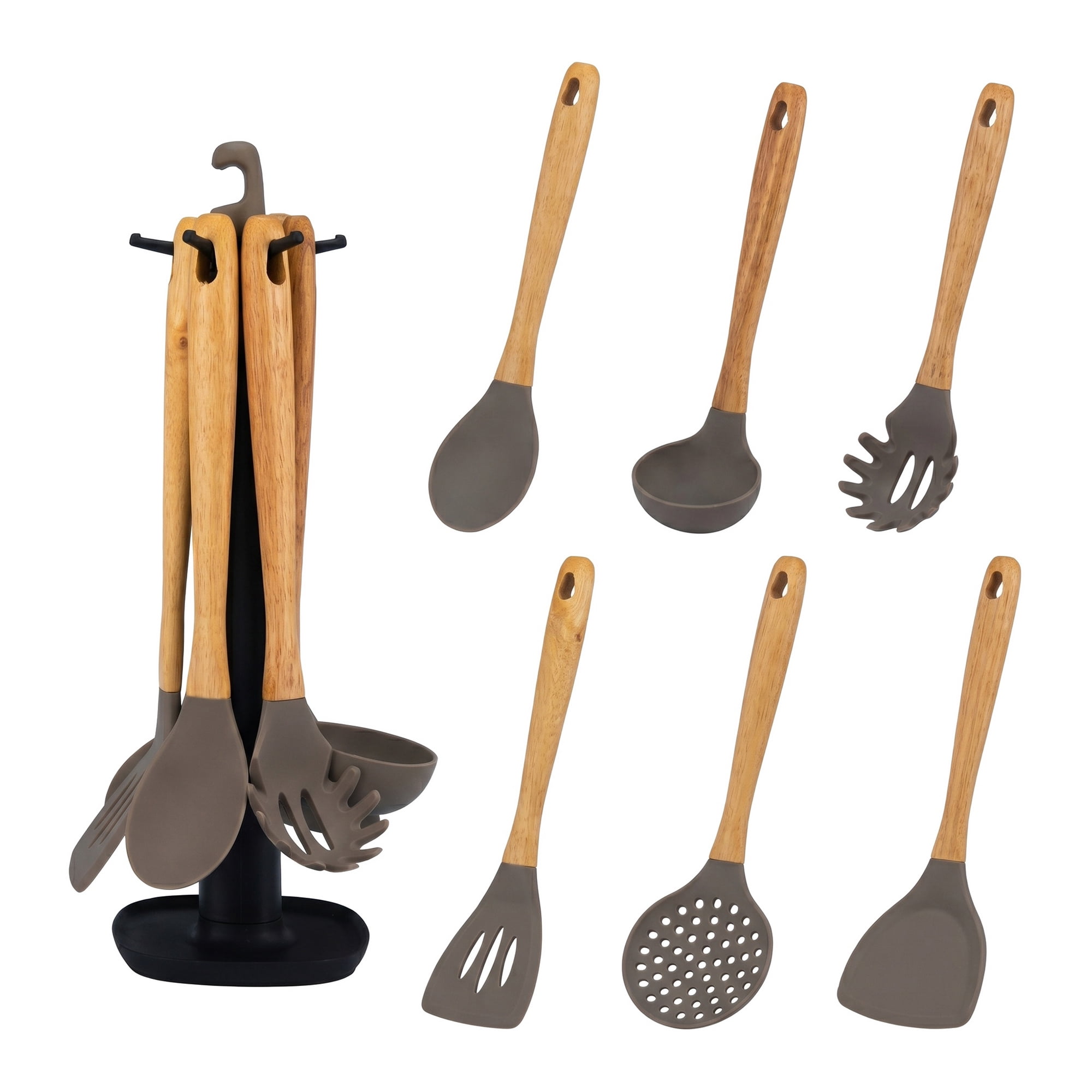 Unique Bargains 6 Pcs Silicone Color Blocking Essential Kitchen Utensil Set Gray-Wood A
