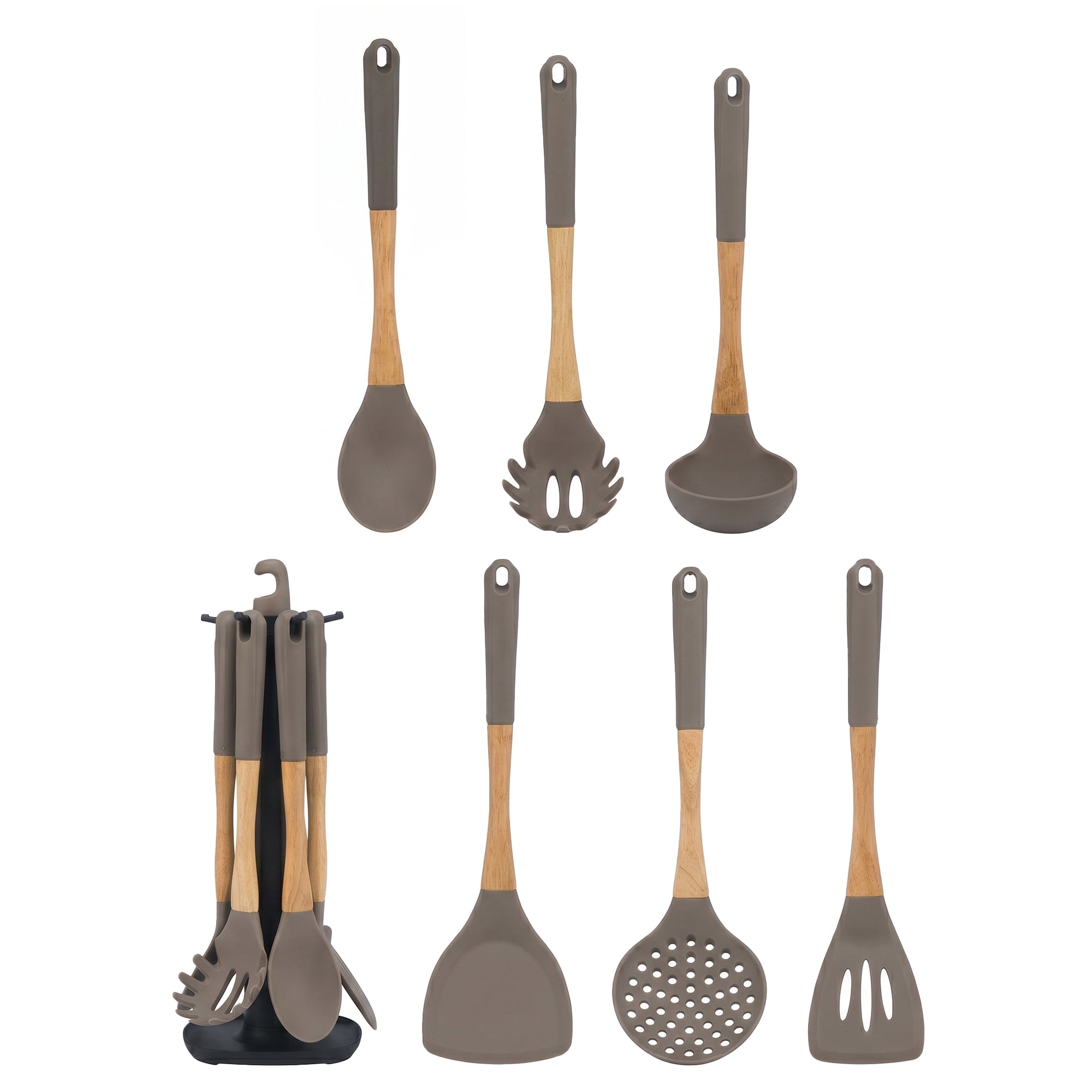 Unique Bargains 6 Pcs Silicone Color Blocking Essential Kitchen Utensil Set Gray-Wood B