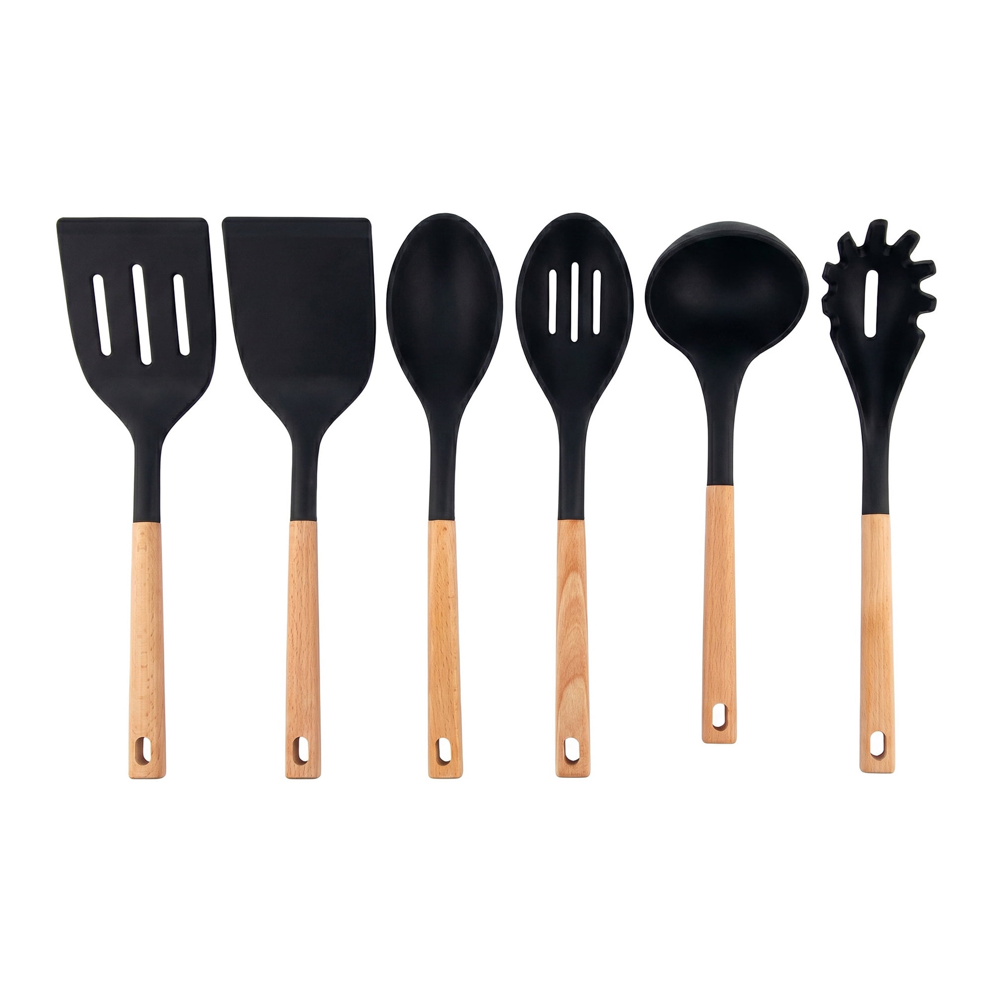 Unique Bargains 6 Pcs Silicone Kitchen Utensil Set with Wooden Handle Black 6