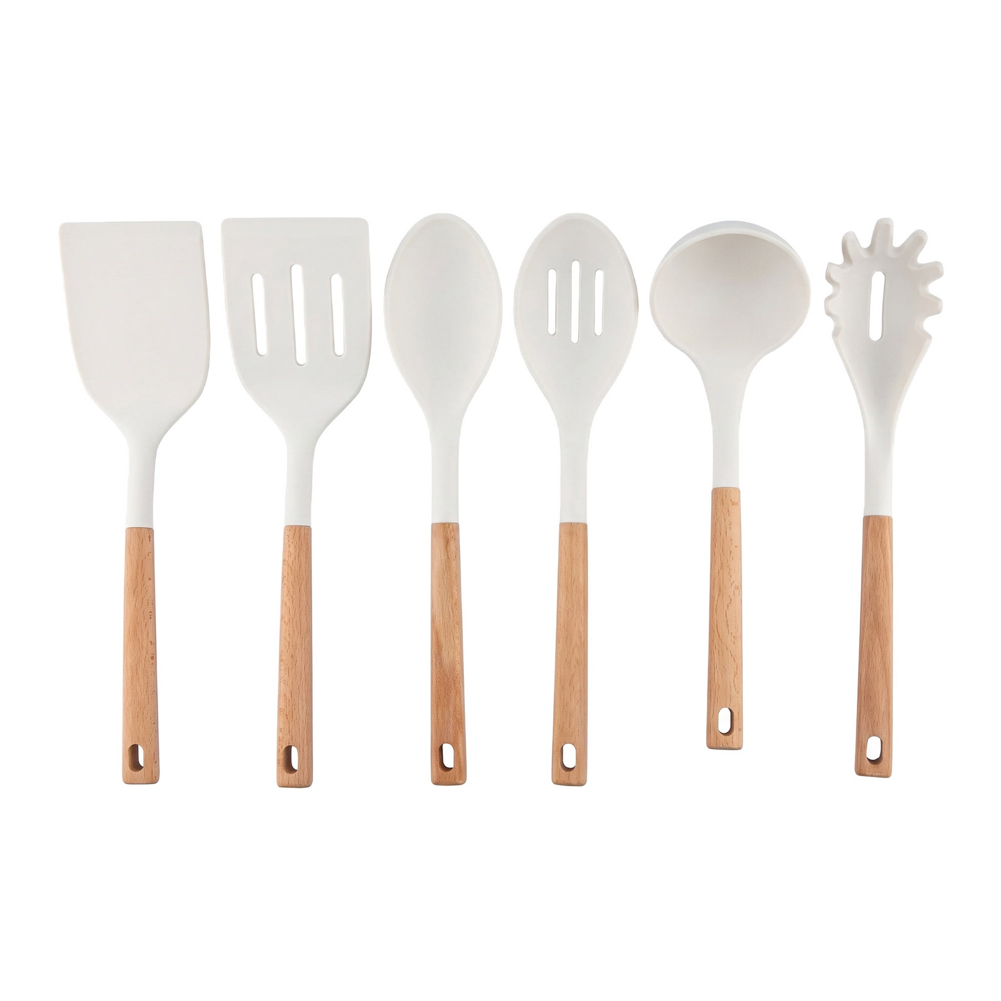 Unique Bargains 6 Pcs Silicone Kitchen Utensil Set with Wooden Handle White 6
