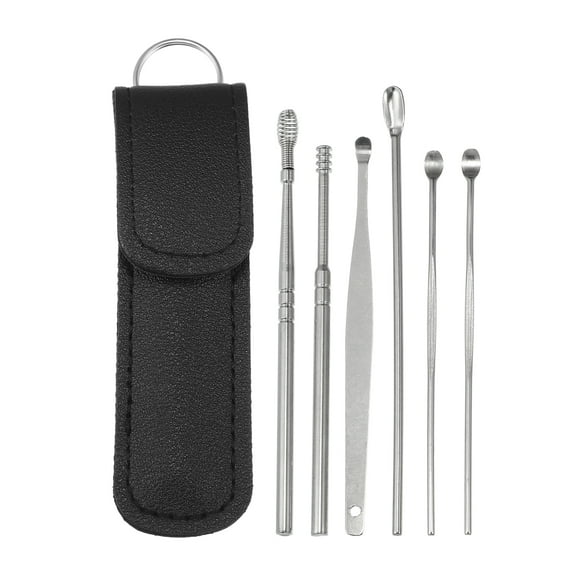 Unique Bargains 6 Pcs Stainless Steel Ear Cleansing Tool Set Ear Cleaner Ear Care Set Black