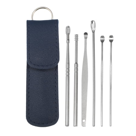 Unique Bargains 6 Pcs Stainless Steel Ear Cleansing Tool Set Ear Cleaner Ear Care Set Dark Blue
