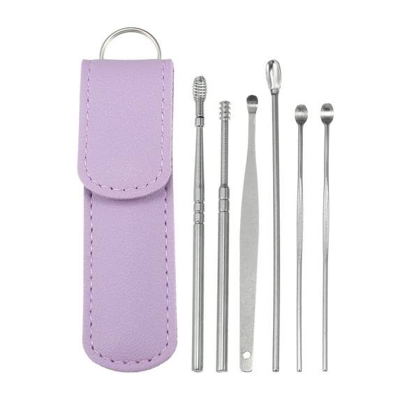 Unique Bargains 6 Pcs Stainless Steel Ear Cleansing Tool Set Ear Cleaner Ear Care Set Purple