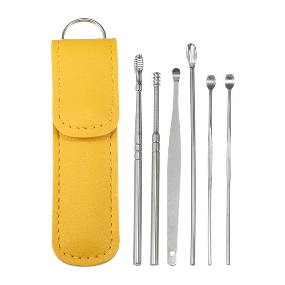 6Pcs Stainless Steel Ear Cleaner Ear Care Set Ear Cleansing Tool with Yellow Faux Leather Packaging