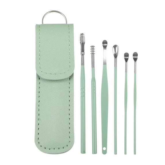 Unique Bargains 6 Pcs Stainless Steel Ear Cleansing Tool Set with Faux Leather Packaging Green