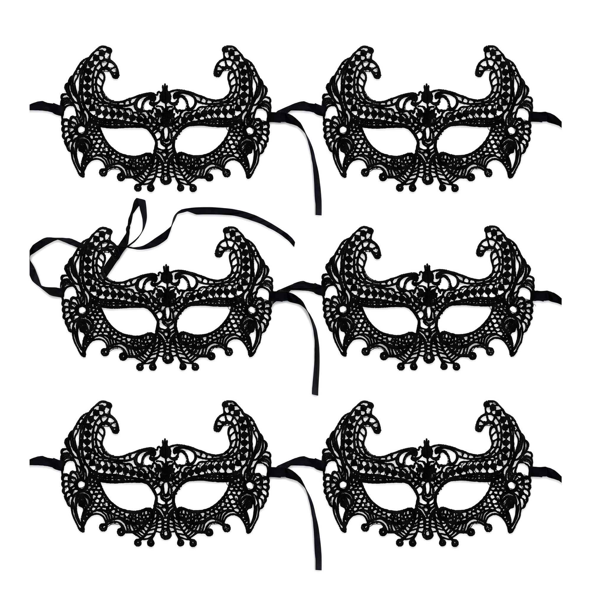 Unique Bargains 6Pcs Halloween Masquerade Lace Eye Mask Set Black First Line 6.3" x 3.1"