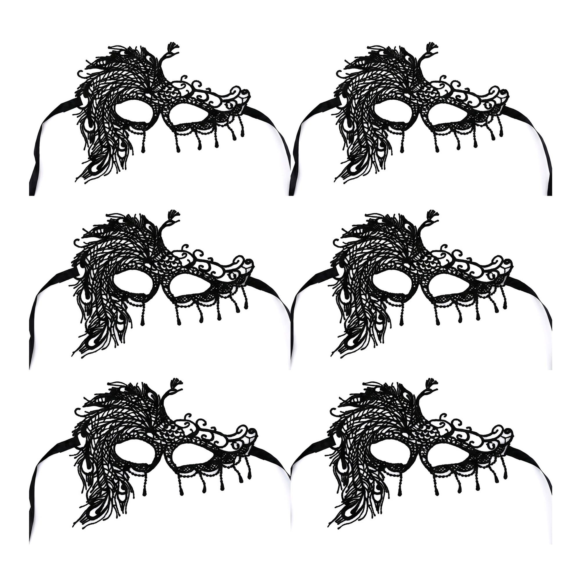 Unique Bargains 6Pcs Halloween Masquerade Lace Eye Mask Set Black Peacock 6.3" x 3.1"