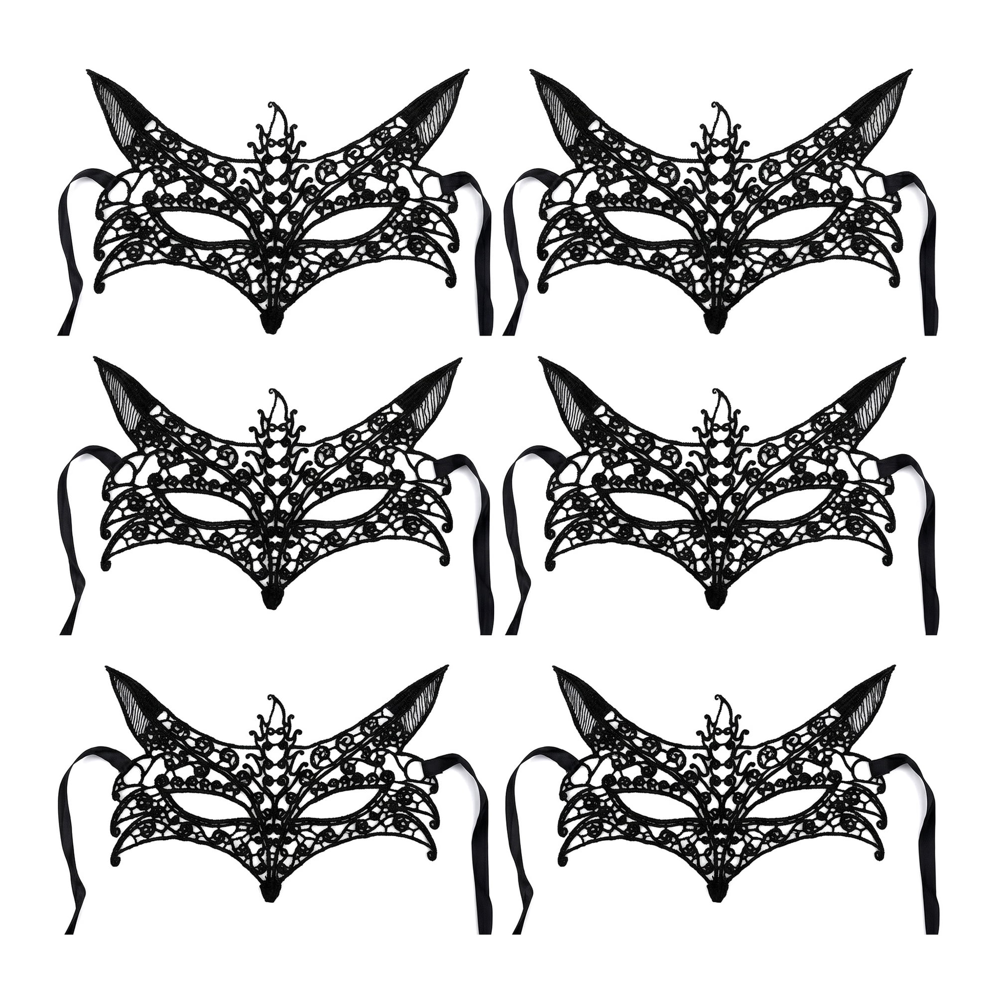 Unique Bargains 6Pcs Halloween Masquerade Lace Eye Mask Set Black Wolf Head 6.3" x 3.1"
