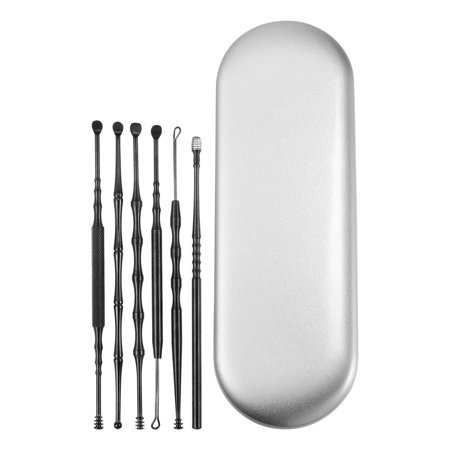 Unique Bargains 6Pcs Stainless Steel Ear Cleansing Tool Set Ear Cleaner Set Anti-slip Design with Storage Case Black